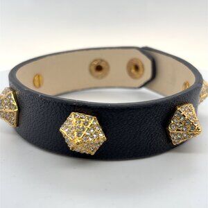 Black leather bracelet by VINCE CAMUTO with 6gold color white paste stations